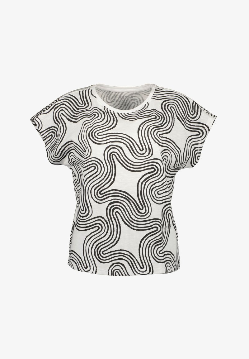 T-shirt blanc à manches courtes avec un motif de lignes ondulées noires, à coupe ample et col rond, fabriqué en tissu léger.