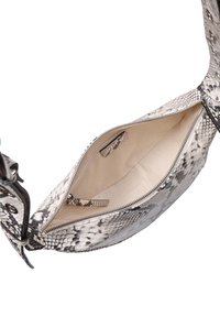 Snakeskin-patterned handbag in grey and white, featuring a zippered closure and beige fabric lining with an internal pocket.