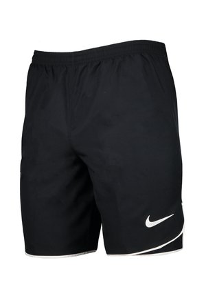 Schwarze Sportshorts mit weißem Besatz und weißem Nike Swoosh-Logo am unteren linken Bein, mit elastischem Bund.