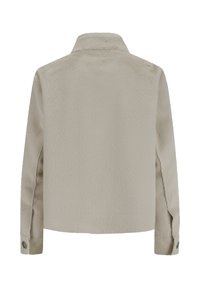 Beige Fleecejacke mit langen Ärmeln und geknöpften Bündchen, Rückansicht auf weißem Hintergrund.