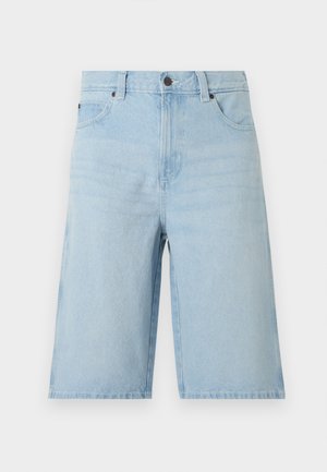 Light blue denim shorts with front button, zipper, belt loops, and two front pockets, displayed on a plain background.