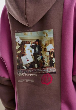 Bluza z kapturem w kolorach brązowym i różowym. Nadruk graficzny sceny z lecącymi literami oraz tekstem o panu Potterze.