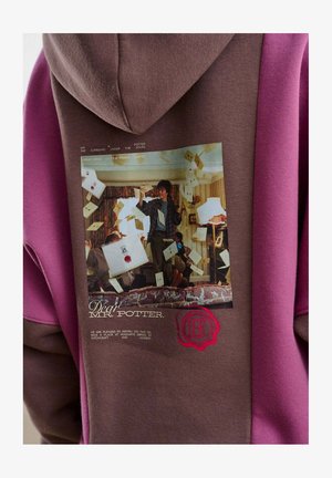 Bluza z kapturem w kolorach brązowym i różowym. Nadruk graficzny sceny z lecącymi literami oraz tekstem o panu Potterze.