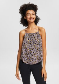 Top sem mangas com padrão floral e alças finas ajustáveis, apresenta um fundo rosa com flores amarelas e pretas, tecido leve, corte solto.