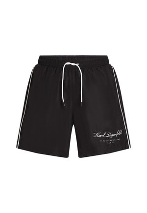 Schwarze Bade shorts aus leichtem Material mit weißen seitlichen Streifen und elastischem Bund mit Kordelzug. "Karl Lagerfeld"-Logo in Weiß.