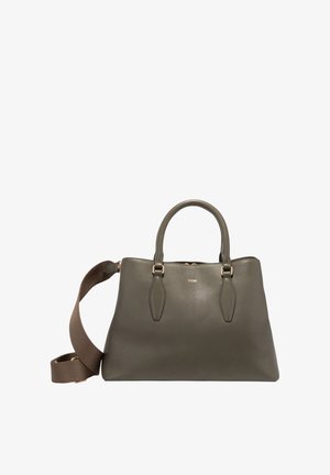 Sac à main en cuir vert olive avec double poignée, bandoulière amovible en tissu marron, et petit logo doré "JOOP !" sur le devant.