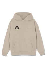 Béžová mikina vyrobená z mäkkého materiálu. Obsahuje predné vrecko, rebrované manžety a vyšívanú nášivku s textom na hrudi.