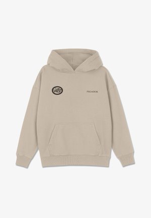 Bežna kapuca iz mehkega materiala. Ima sprednjo žep, rebraste manšete in izšit značko z besedilom na prsih.