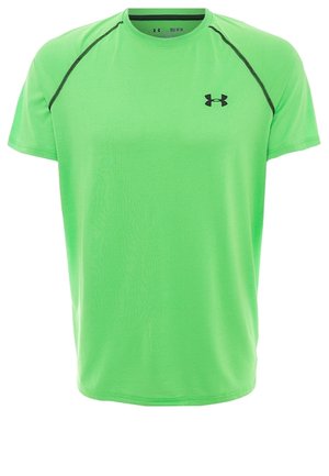 Jasnozielona sportowa koszulka z krótkim rękawem z czarnym logo Under Armour na piersi i czarnymi detalami szwów na ramionach.