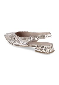 Schoenen met slangprint en slingback, met een puntige neus, lage blokhak en een glad interieur. De hoofdkleur bevat tinten van beige en bruin.