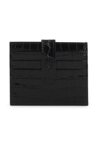 Black faux leather wallet with a crocodile skin pattern. Features a front flap closure, several card slots, and a smooth glossy texture.