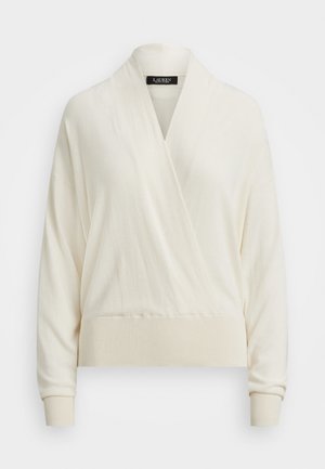 Kremfarge langermet genser med sjalekrage, ribbestrikkede mansjetter og midje, med en omslagsfront og Lauren Ralph Lauren-merke.