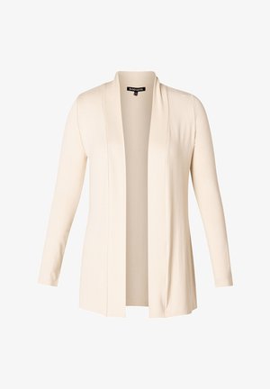 Hellbeiger Cardigan mit langen Ärmeln und offenem Vorderteil, weicher Textur und ohne Verschlüsse. Verfügt über eine glatte, ungeformte Silhouette.