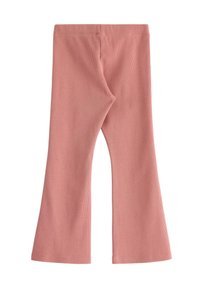 Rosa ribbede klokkeformede bukser med elastisk talje. Blød tekstur, glat finish og en skræddersyet pasform, der flares fra knæet og ned.