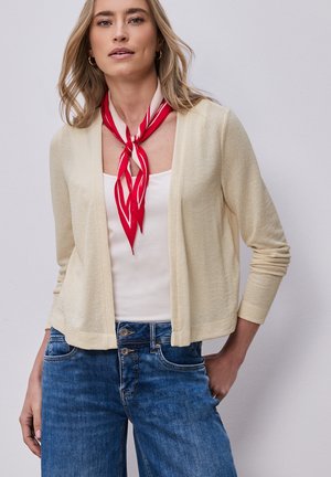Vrouw draagt een beige vest over een witte top, een rood patroon sjaaltje om de nek en blauwe spijkerbroek, staand met één hand in de zak.