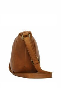 Borsa a tracolla in pelle marrone con una texture liscia, forma curva, tracolla regolabile e accessori in tono oro. Parte superiore con zip e un singolo scomparto.