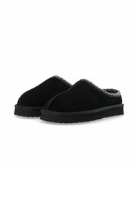 Pair of black slip-on slippers with soft soles and patterned gray inner lining, designed for indoor comfort.