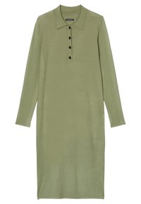 Robe à manches longues en olive, avec un col polo, une patte de boutonnage avec des boutons noirs et une silhouette droite. Texture en tricot doux.