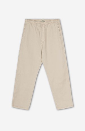 Beige Baumwollhose mit lockerer Passform, ausgestattet mit einem Kordelzugbund, seitlichen Taschen und einem dezent strukturierten Stoff.