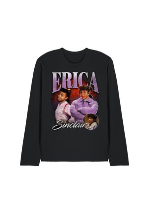 Black long-sleeve shirt with three portraits of a girl in different outfits and the text "ERICA Sinclair" in large purple and white letters.