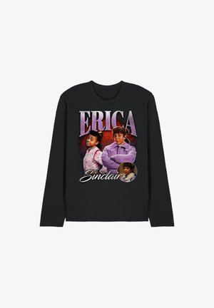 Black long-sleeve shirt with three portraits of a girl in different outfits and the text "ERICA Sinclair" in large purple and white letters.