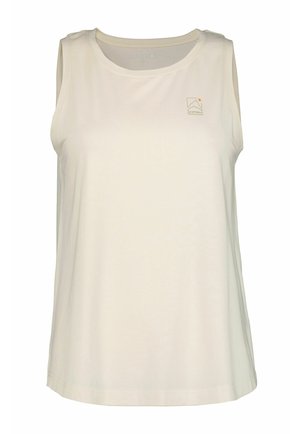 Bezrękawnik w kolorze kremowym wykonany z miękkiego materiału. Posiada okrągły dekolt i małe logo po lewej stronie u góry.