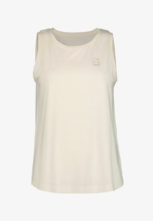 Hihaton, kermaan sävytetty toppi pehmeästä kankaasta. Pyöreä pääntie ja pieni logo vasemmassa yläkulmassa.