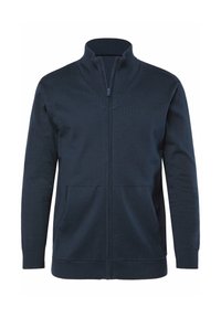 Granatowy kardigan zapinany na zamek z wysokim kołnierzem, dwoma przednimi kieszeniami, ściągaczami na mankietach i u dołu, wykonany z dzianiny o fakturowanej strukturze.