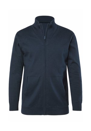 Cardigan blu navy con zip, collo alto, due tasche frontali, polsini e orlo a coste, realizzato in tessuto a maglia strutturato.