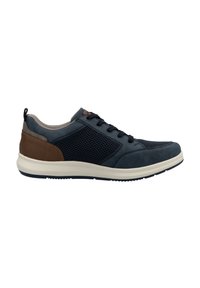 Navy mesh and suede sneaker with brown leather accents, round toe, lace-up design, and a white rubber sole. Textured surfaces enhance grip.