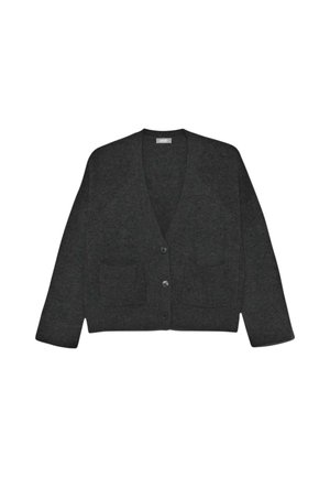 Cardigan grigio scuro con scollo a V, maniche lunghe, due tasche frontali e chiusura con bottoni. Texture a coste su tutto il capo.