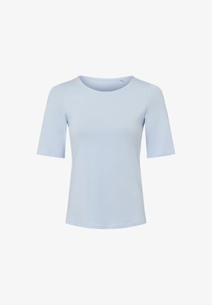 Hellblaues T-Shirt mit kurzen Ärmeln und rundem Halsauschnitt, aus weichem Stoff, mit glatter Textur und schlichtem Design ohne Muster oder Akzente.