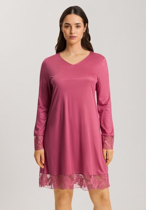 Long-sleeve dress in vibrant pink fabric, featuring a V-neckline and lace detailing at the cuffs and hem for added texture and design.