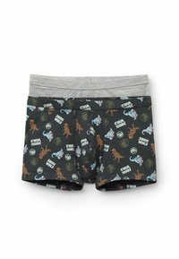 Boxer in cotone con un motivo scuro che presenta dinosauri e il testo "Jurassic World", cintura grigia e materiale elastico per una maggiore vestibilità.