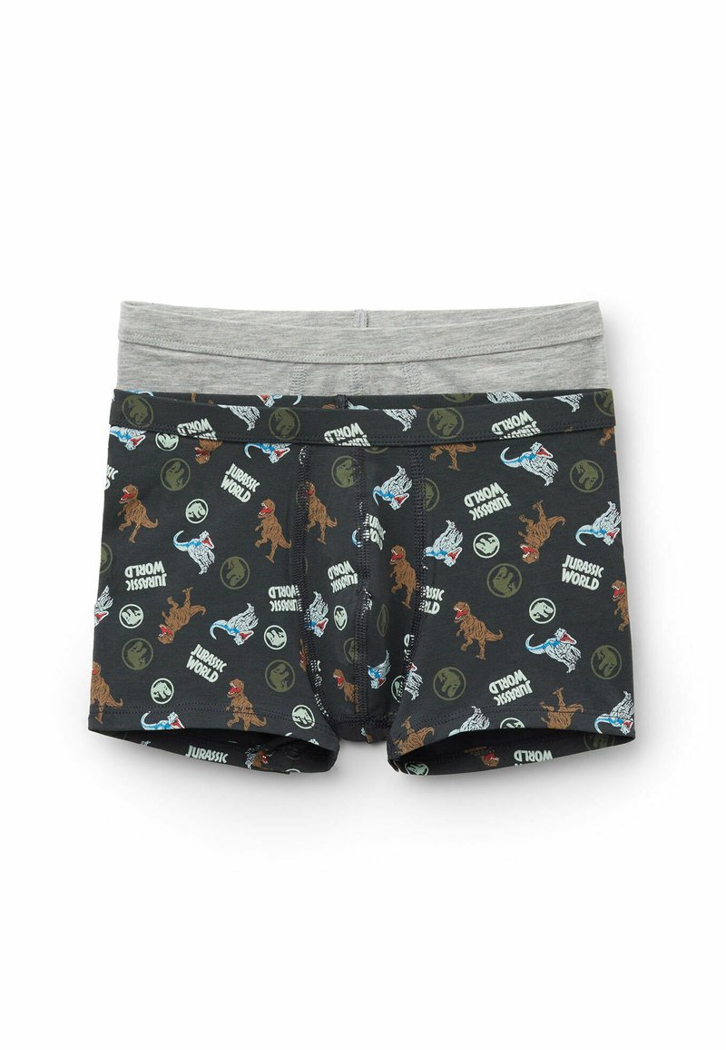 Boxer in cotone con un motivo scuro che presenta dinosauri e il testo "Jurassic World", cintura grigia e materiale elastico per una maggiore vestibilità.