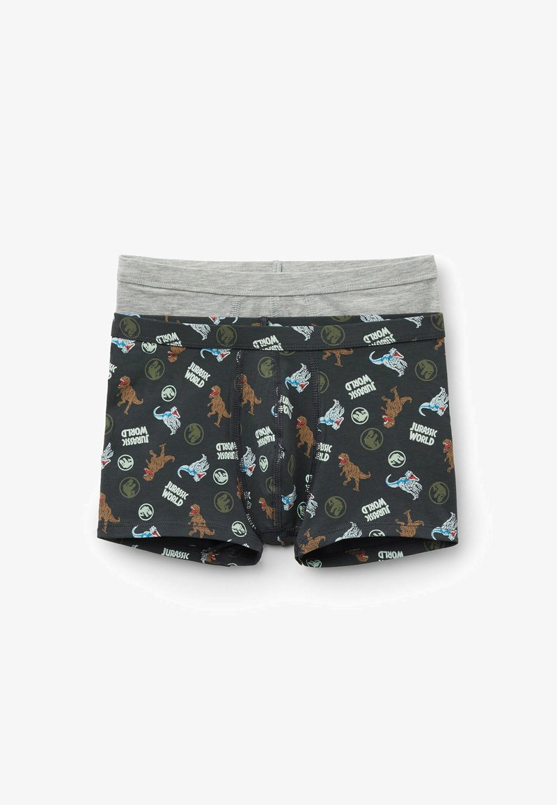 Boxer en coton avec un motif sombre mettant en avant des dinosaures et le texte "Jurassic World", taille grise, et matière élastique pour un meilleur confort.