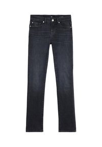Jeansy z ciemnego dżinsu o prostych nogawkach, z pięcioma kieszeniami i subtelnym efektem przetarcia. Wyposażone w srebrne okucia i klasyczne zapięcie na guziki.