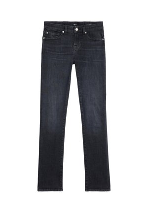 Jeansy z ciemnego dżinsu o prostych nogawkach, z pięcioma kieszeniami i subtelnym efektem przetarcia. Wyposażone w srebrne okucia i klasyczne zapięcie na guziki.