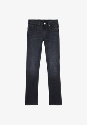 Jeansy z ciemnego dżinsu o prostych nogawkach, z pięcioma kieszeniami i subtelnym efektem przetarcia. Wyposażone w srebrne okucia i klasyczne zapięcie na guziki.