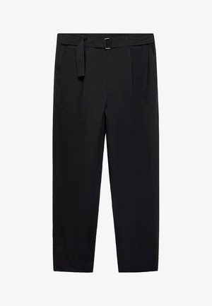 Pantaloni neri con vestibilità dritta, passanti per cintura e cintura staccabile. Tessuto liscio con tasche laterali e senza motivi o accessori visibili.