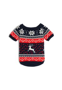 Strikket kæledyrsweater i marineblå, rød og hvid. Har snefnug, rensdyr og hjerte mønstre. Korte ærmer, rund hals, blød tekstur.
