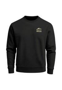 Black sweatshirt made of soft fabric with a crew neckline. Features a gold NVLS logo and a UFO graphic on the left chest.