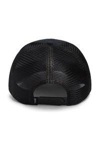 Black snapback cap featuring a mesh back, flat brim, and vented texture. Rear adjustment strap for size customization.