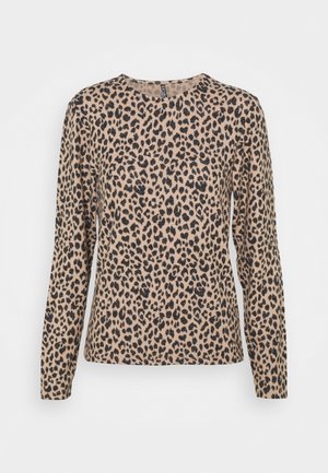 Beige Langarmshirt mit schwarzem und dunkelbraunem Leopardenmuster, Rundhalsausschnitt und regulärer Passform.