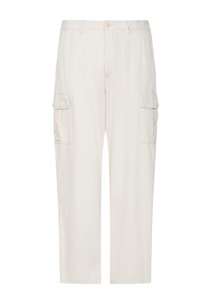 Beżowe proste spodnie cargo z zapięciem na guziki, szlufkami na pasek oraz klapkowymi kieszeniami na obu udach.