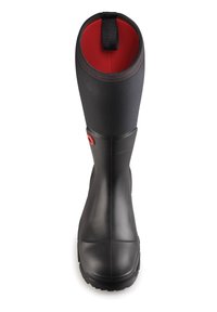Black rubber waterproof boot with a textured finish, contrasting red interior, and a black fabric pull tab at the top. Durable sole for traction.