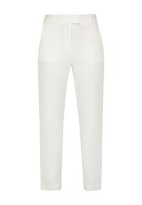 White tailored trousers made of a smooth, lightweight fabric. Features front pockets, a straight leg design, and a mid-rise waistband.