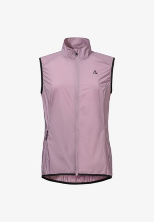 Leichte, ärmellose Weste in sanftem Rosa mit hohem Kragen, vorderem Reißverschluss und schwarzen Akzenten an den Armausschnitten und am Saum. Verfügt über Seitentaschen.