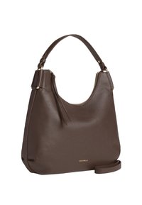 Borsa in pelle marrone con forma arrotondata, finitura texture, dettagli in metallo dorato e chiusura con zip dotata di tracolla removibile.