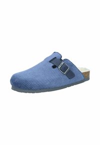 Blue corduroy clog with a curved shape, adjustable buckle, and soft faux fur lining; textured surface and grey rubber sole.